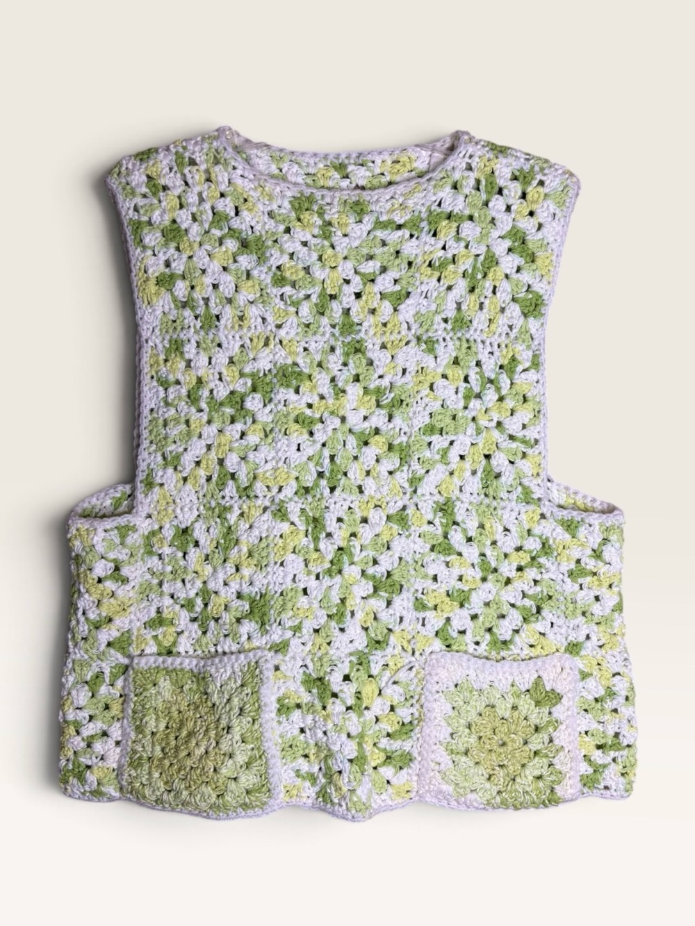 Handmade Crochet Green White Granny Square Vest Open Knit Pockets